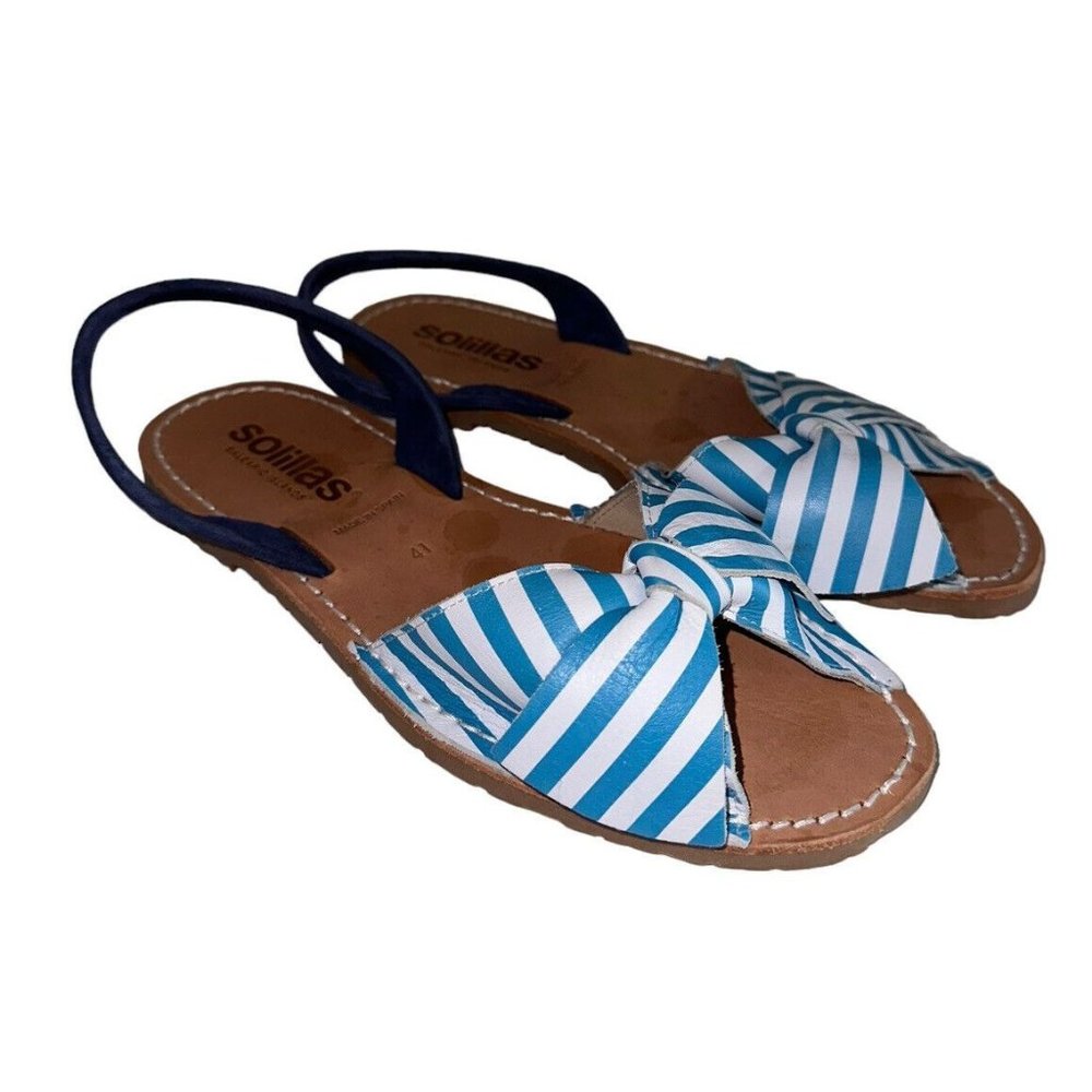 Solillas Bow Slingback Sandals Size 41 Or 10 Blue White Stripe Leather READ